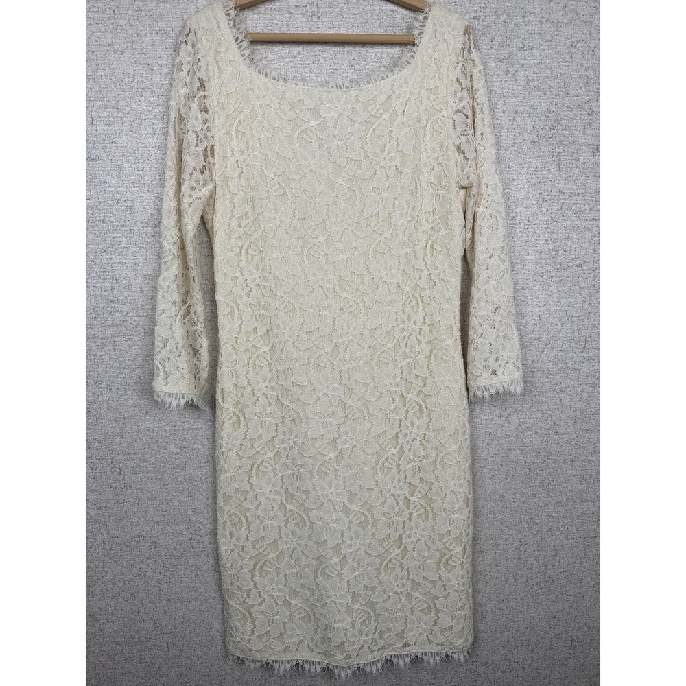 Diane von Furstenberg Zarita Ivory Lace Sheath Dress Size 6 Scalloped Sleeves